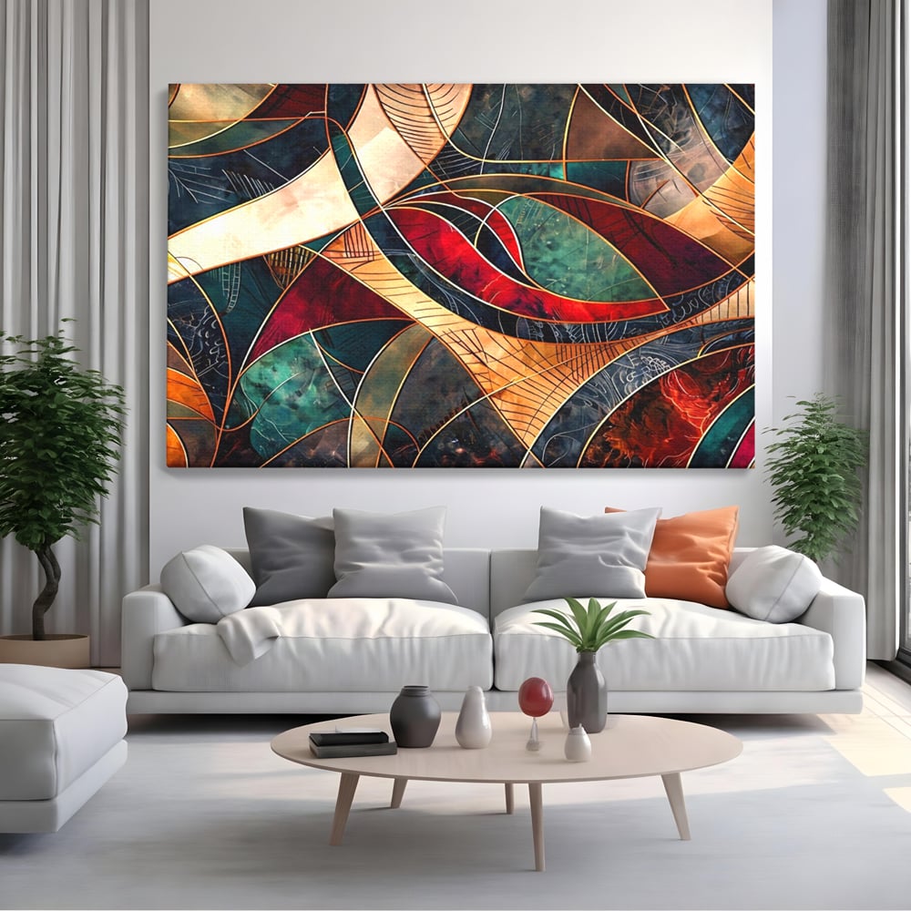 Tablou canvas cu tablou abstract cu linii aurii, fara rama, pe sasiu de lemn, pe perete intr-un living